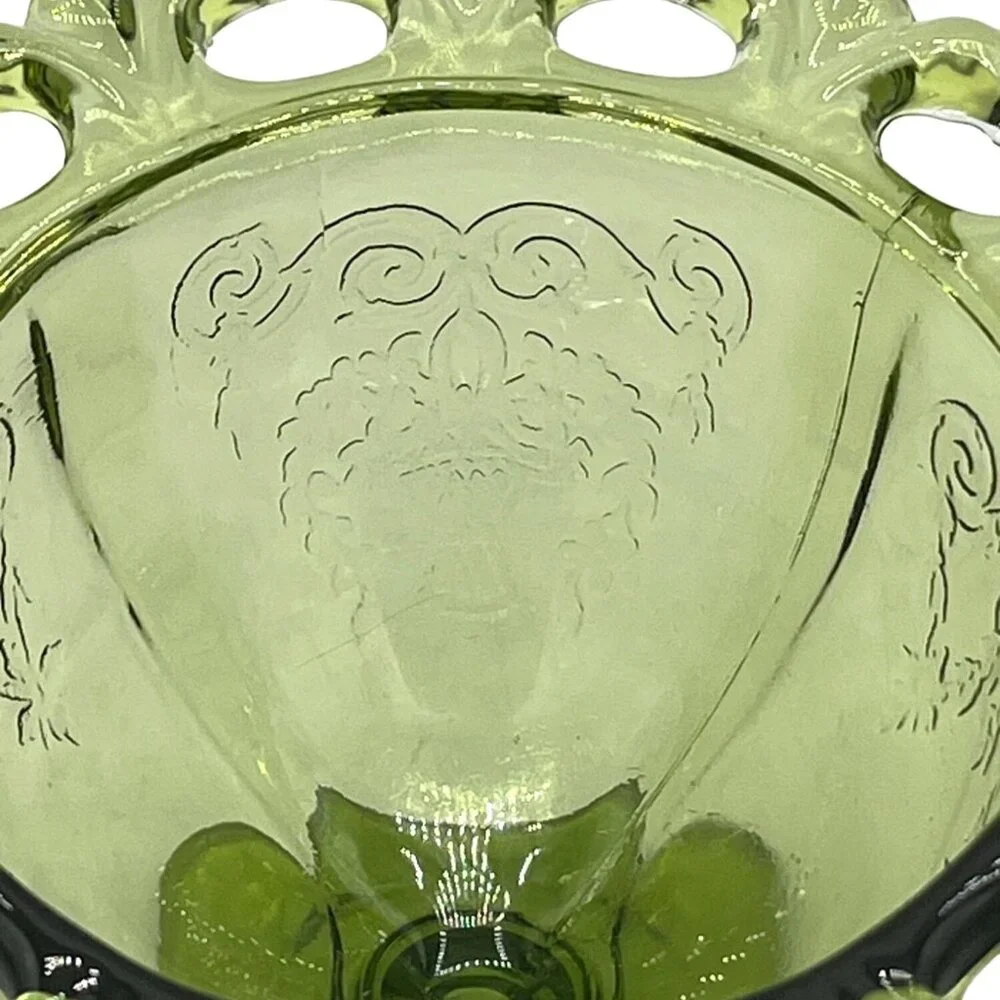 Vintage Green Glass Dessert Bowls Set Of 2 With Decorative Rim  Floral Design - Picture 7 of 15